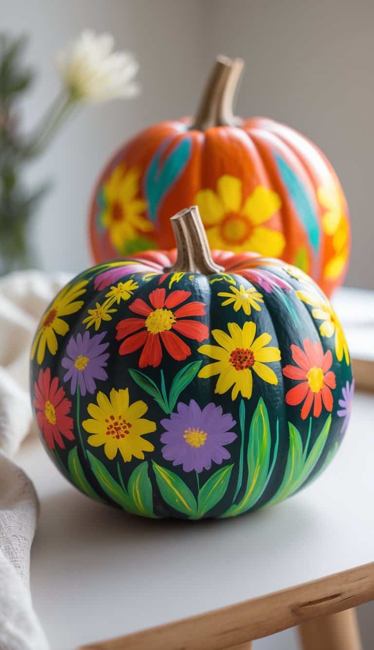 Two pumpkins are decorated with colorful, hand-painted flowers in red, yellow, and purple hues. One pumpkin has a dark background, the other is orange. Both sit on a light-colored table with a blurred flower in the background.
