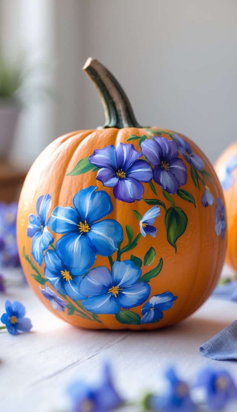 A pumpkin decorated with detailed, hand-painted blue and purple flowers sits on a table, surrounded by a few matching flower petals. The background is softly blurred, hinting at a bright indoor setting.