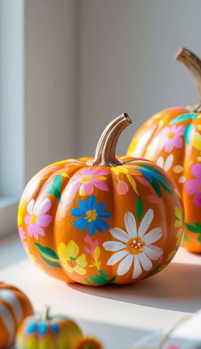 A pumpkin decorated with colorful hand-painted flowers, including white, yellow, blue, and pink blooms, sits on a sunlit surface near a window. Other similarly decorated pumpkins are visible in the background.