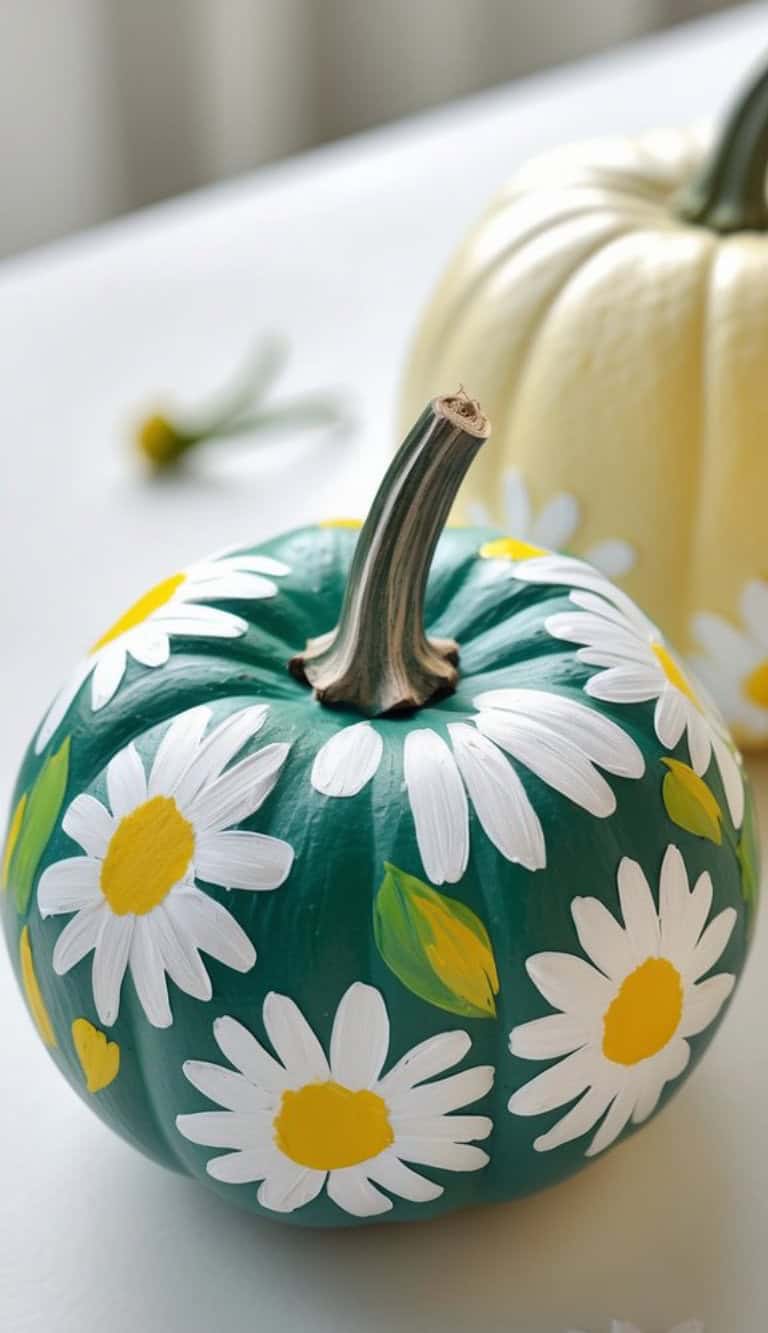 A green pumpkin decorated with hand-painted white daisies and yellow centers sits on a white surface, with a cream-colored pumpkin in the background.