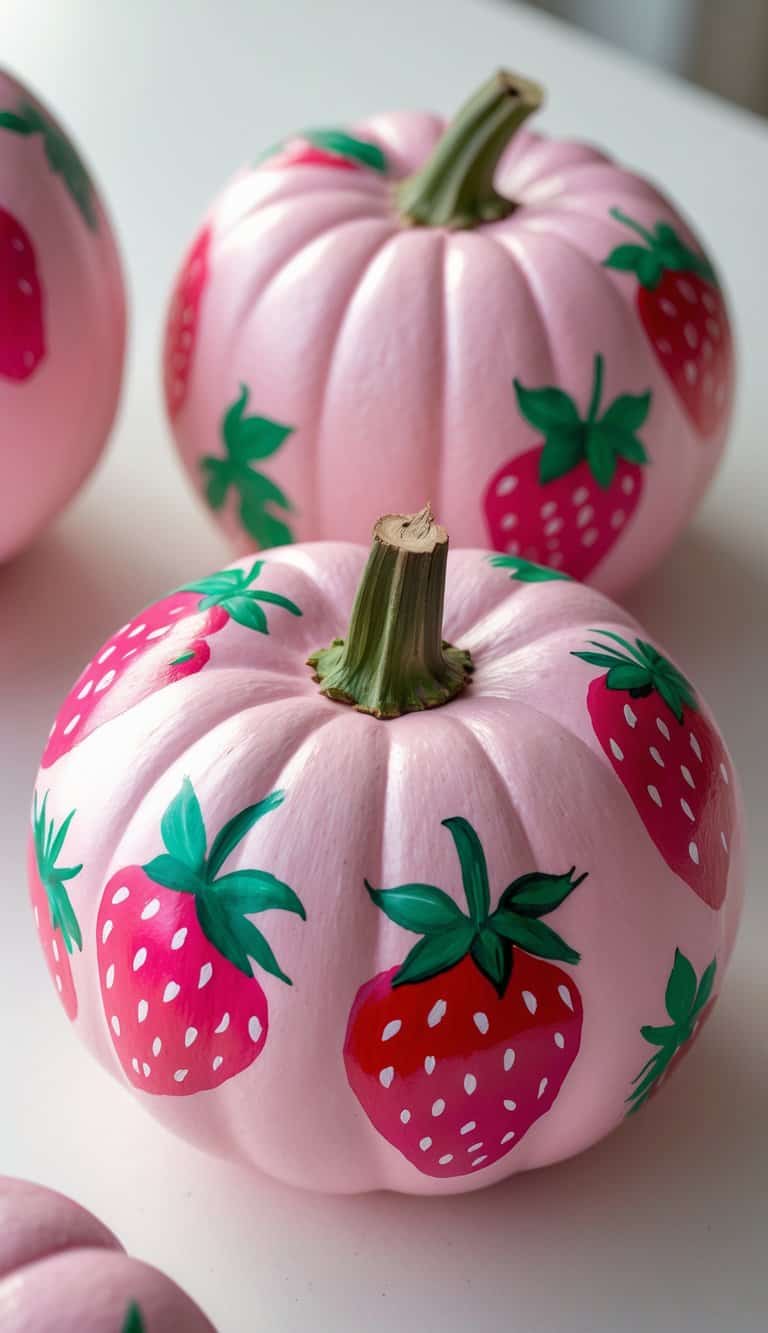 Pink pumpkins decorated with painted red and green strawberries are arranged on a white surface. The pumpkins have green stems and are styled with vibrant, cartoon-like strawberry designs.