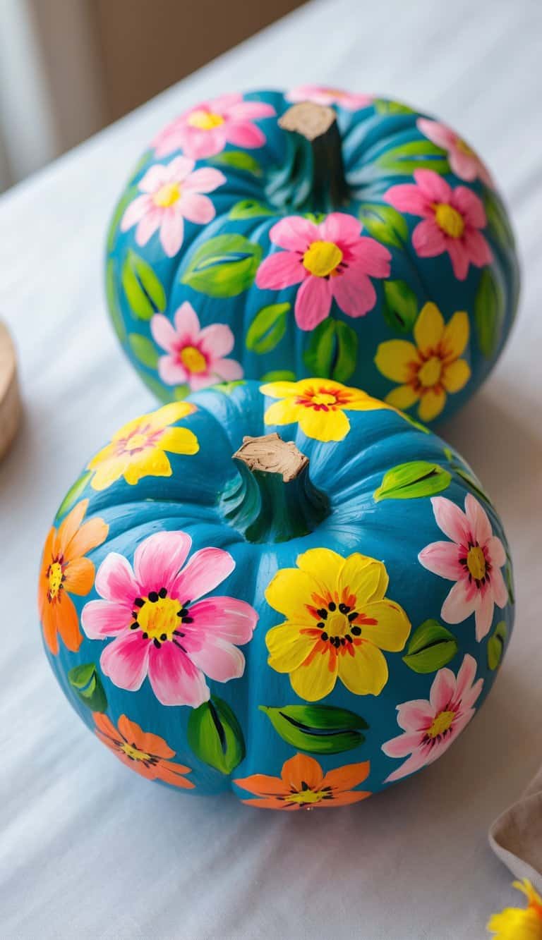 Two pumpkins painted bright blue, decorated with colorful hand-painted flowers in pink, yellow, and orange with green leaves, resting on a white surface.