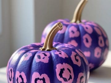 Two purple pumpkins with gold stems are decorated with pink leopard print patterns, sitting on a white surface in bright natural light.