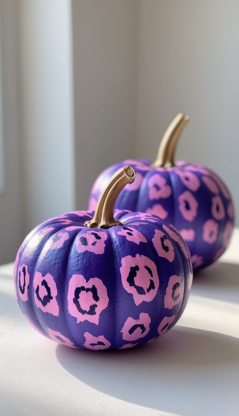 Two purple pumpkins with gold stems are decorated with pink leopard print patterns, sitting on a white surface in bright natural light.