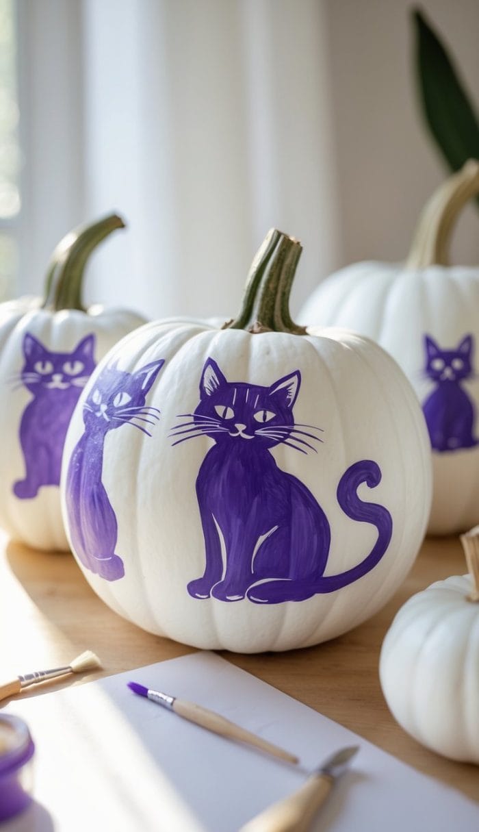 A white pumpkin sits on a table, painted with a large purple cat and surrounded by other white pumpkins with smaller purple cat designs. Paintbrushes and painting supplies are visible nearby.