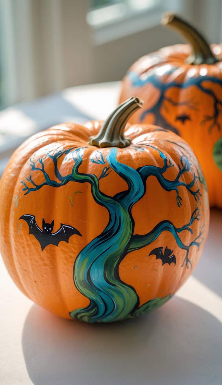 A pumpkin decorated with a painted blue and green tree and flying black bats, set in bright natural light. Another decorated pumpkin is blurred in the background.