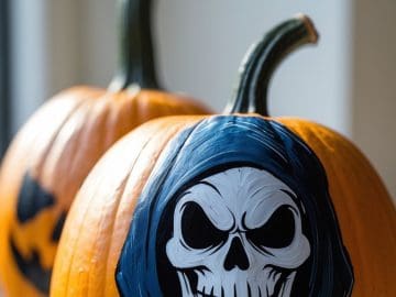 A pumpkin painted with a detailed grim reaper face in a hood, with another pumpkin featuring a simple jack-o’-lantern face in the background.