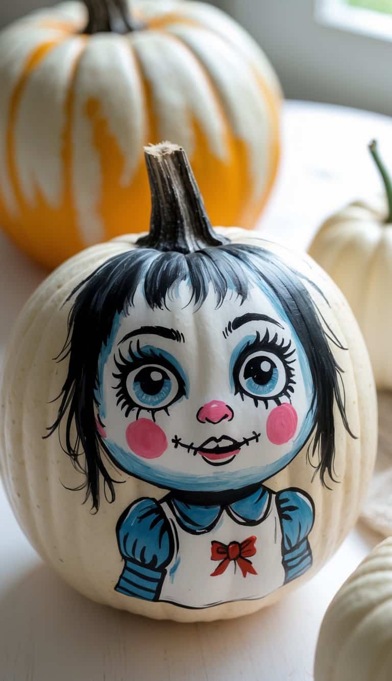 A white pumpkin painted with a doll-like face, featuring large blue eyes, rosy cheeks, stitched smile, black hair, and wearing a blue dress with a red bow. Other pumpkins are blurred in the background.