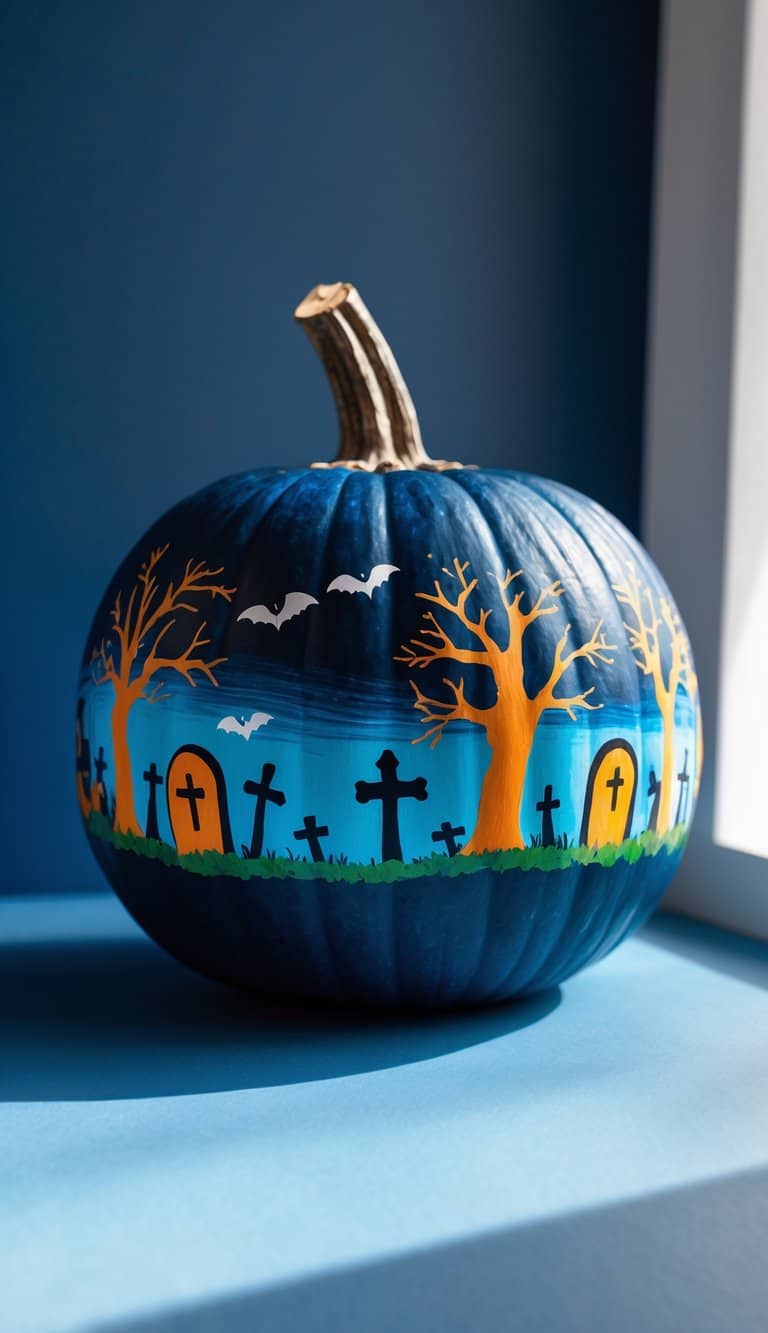 A pumpkin painted dark blue with a graveyard scene, featuring yellow leafless trees, gravestones, and flying bats against a blue sky background. The pumpkin sits on a blue surface near a window.