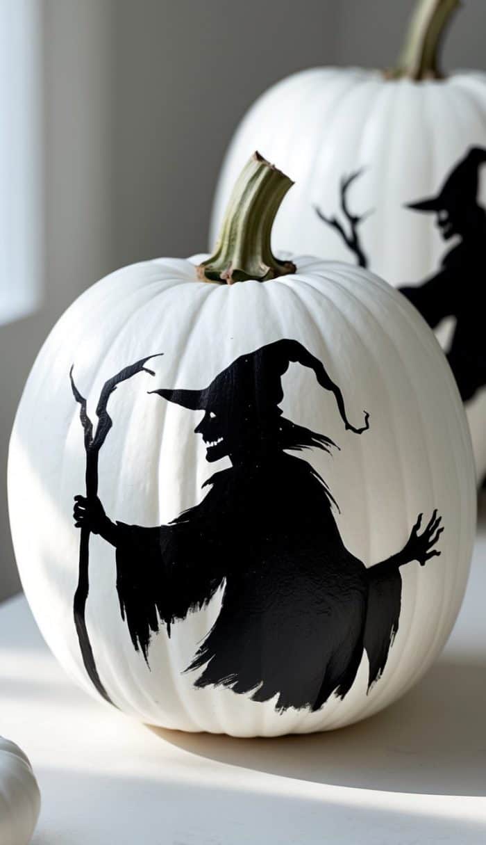A white pumpkin decorated with a black silhouette of a witch holding a staff, with another similarly decorated pumpkin blurred in the background.