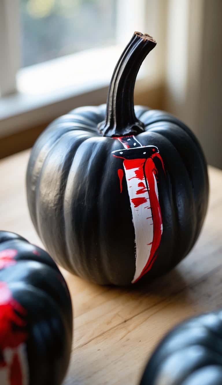 A black pumpkin with a painted red and white bloody knife design sits on a wooden table near a window, with part of another similarly decorated pumpkin visible nearby.