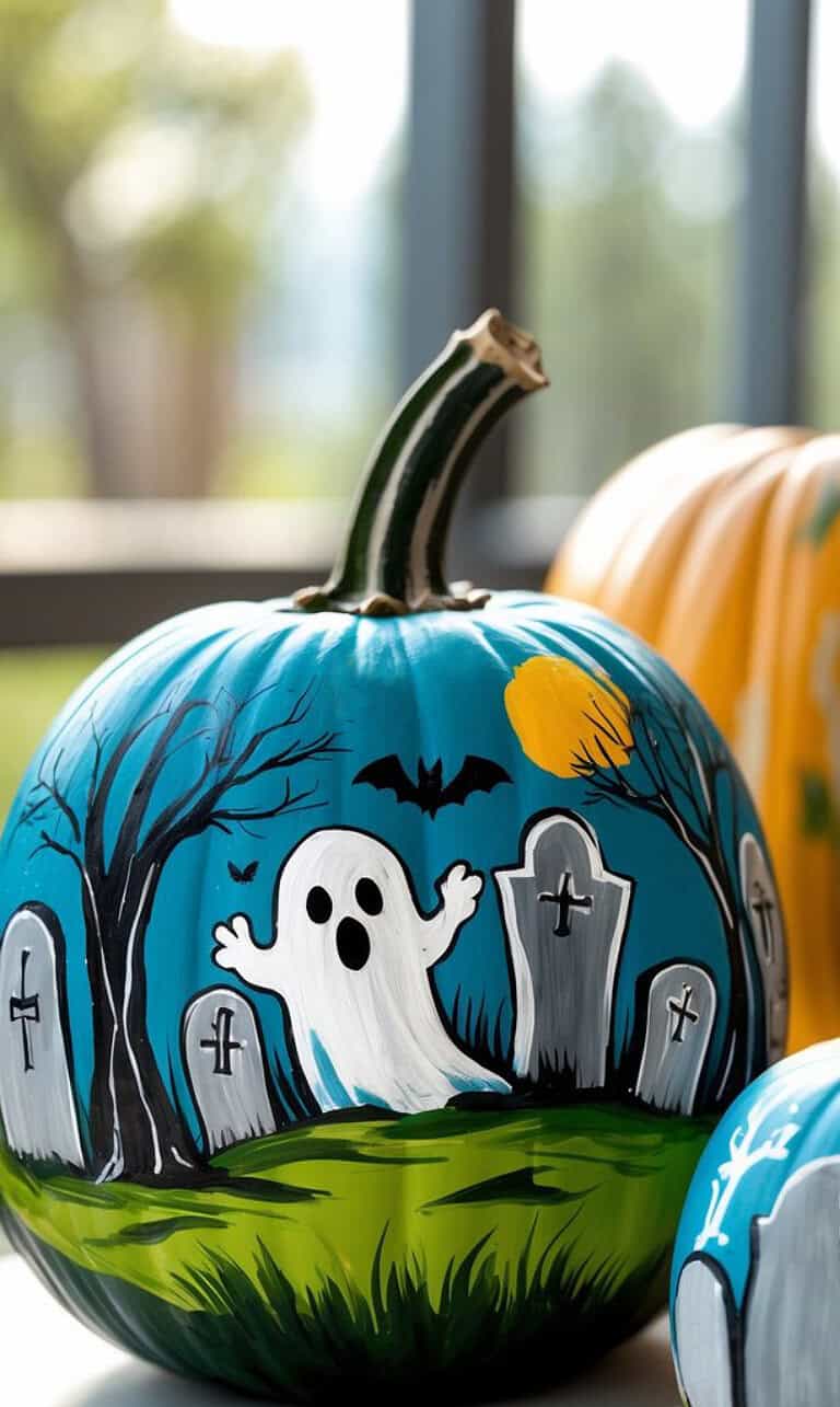 A pumpkin painted with a Halloween scene featuring a white ghost, gravestones, bare trees, a bat, and a yellow moon against a blue background. Another pumpkin is partially visible in the background.
