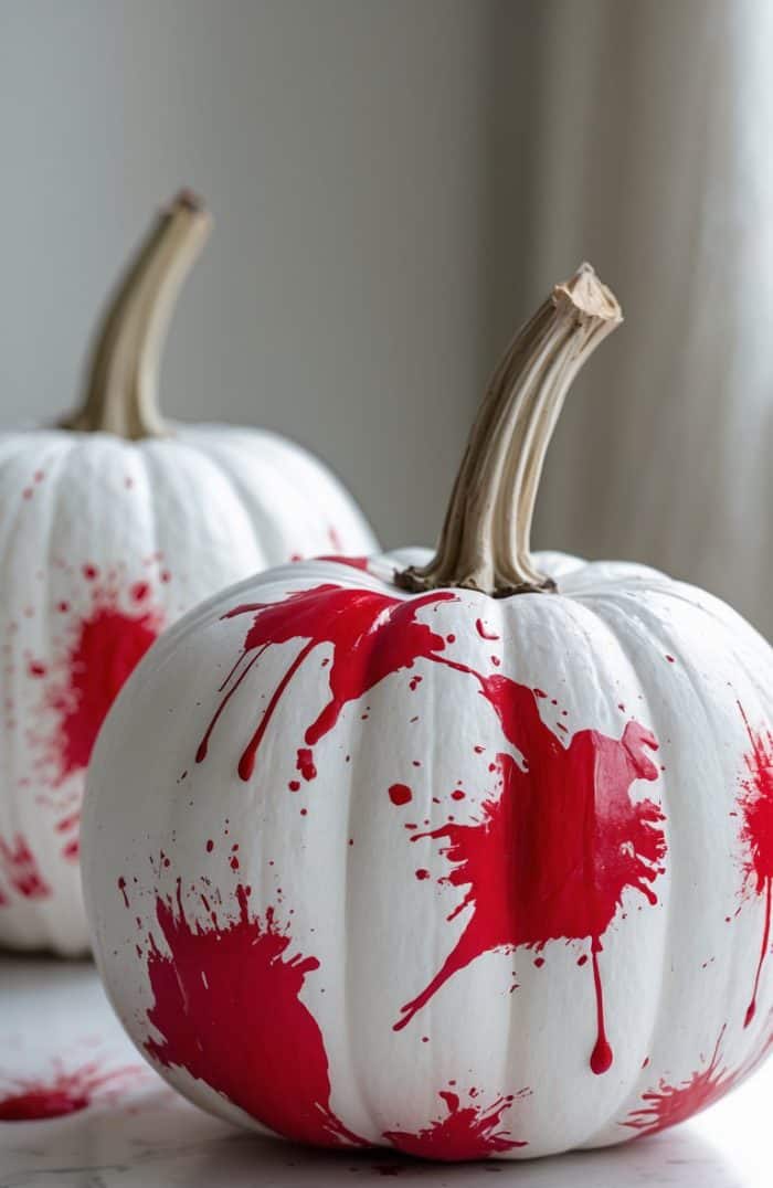 Two white pumpkins are splattered with bright red paint, creating a striking, blood-like effect. The pumpkins are placed on a light surface with soft, natural light coming from the side.