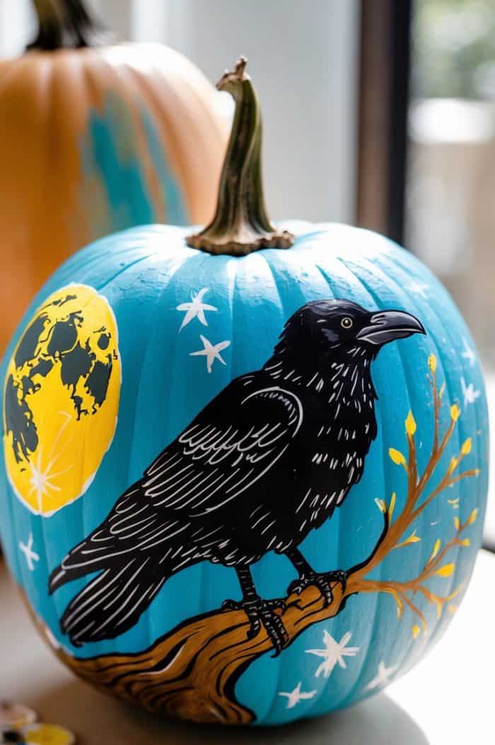 A blue pumpkin painted with a black raven perched on a branch, a yellow moon, and white stars in the background. Another orange pumpkin is partially visible behind it.