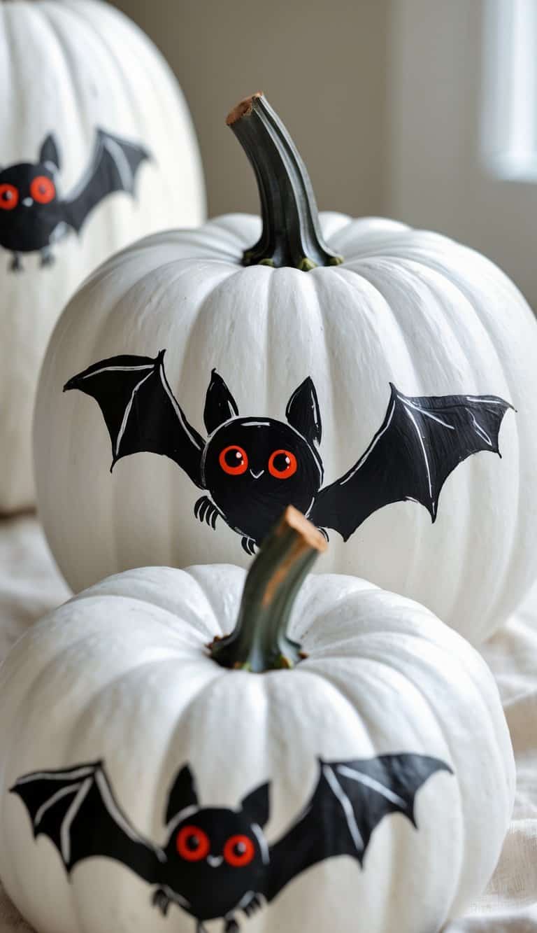 Three white pumpkins are decorated with painted black bats featuring large red eyes and outstretched wings. The bats are playful and cartoonish, giving the pumpkins a fun, festive Halloween look.