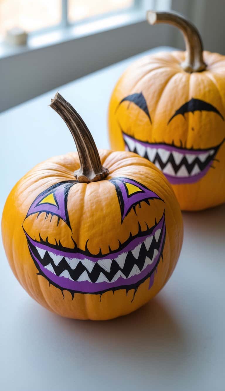 Two pumpkins sit on a white surface, each painted with large, sharp-toothed grins and exaggerated, menacing purple and black eyes for a spooky Halloween look.