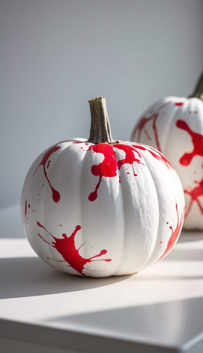 A white pumpkin with bright red paint splattered on its surface, sitting on a white table. Another similarly decorated pumpkin is partially visible in the background.