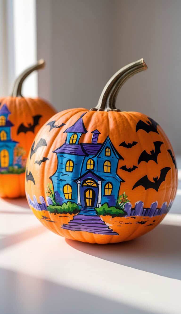 A pumpkin painted with a blue haunted house, yellow windows, black bats, and a purple fence sits on a white surface with another decorated pumpkin in the background.