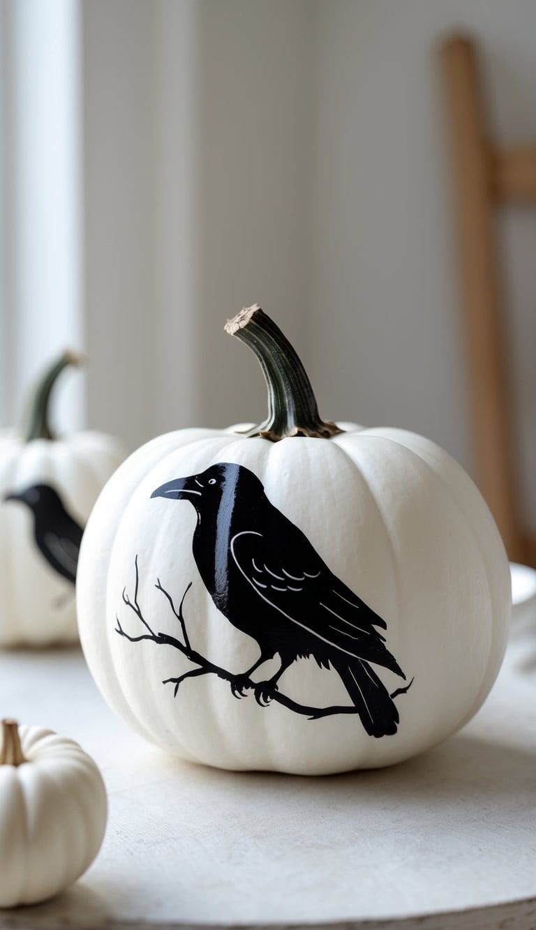 A white pumpkin with a black silhouette of a crow perched on a branch painted on its surface. Another similar pumpkin is visible in the background, creating a Halloween or autumn-themed scene.