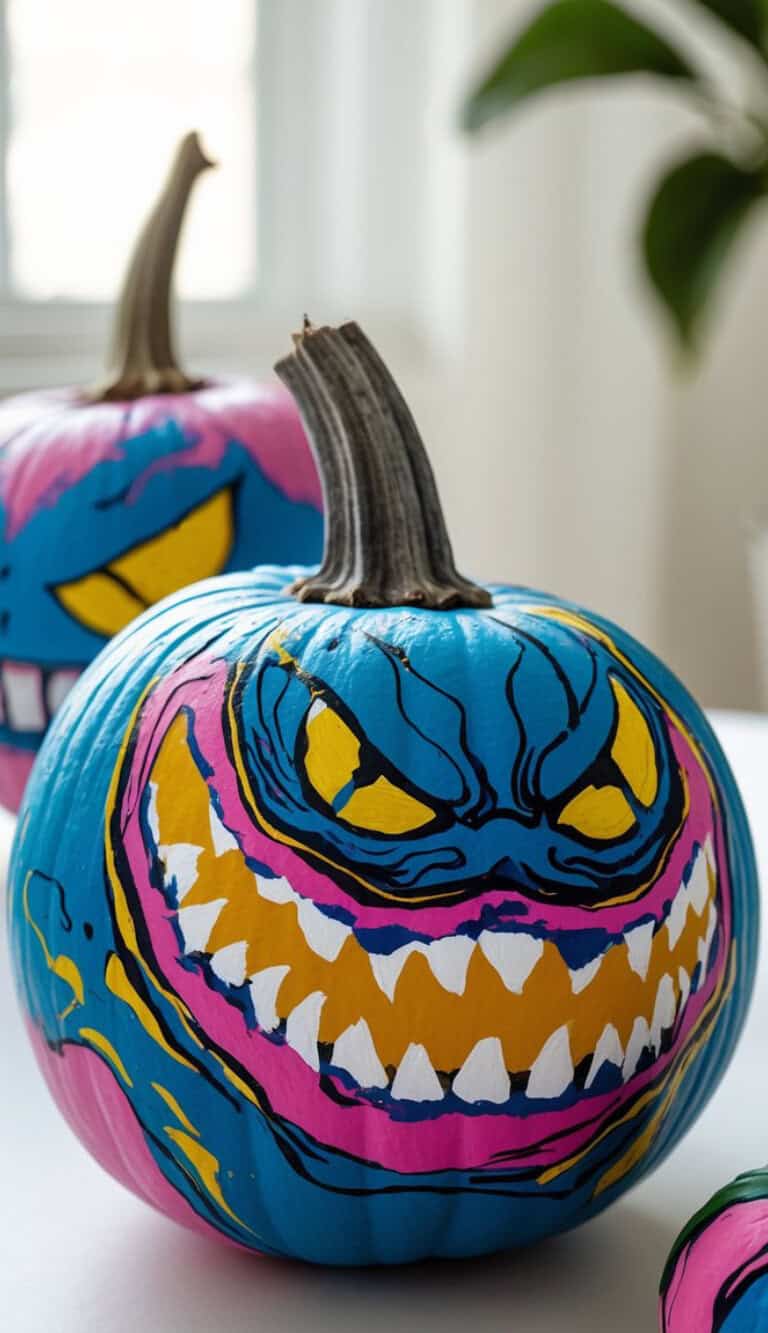 A pumpkin painted with a blue and pink background and a large, menacing cartoon face featuring sharp white teeth, yellow eyes, and bold black outlines. Another similarly decorated pumpkin is visible in the background.