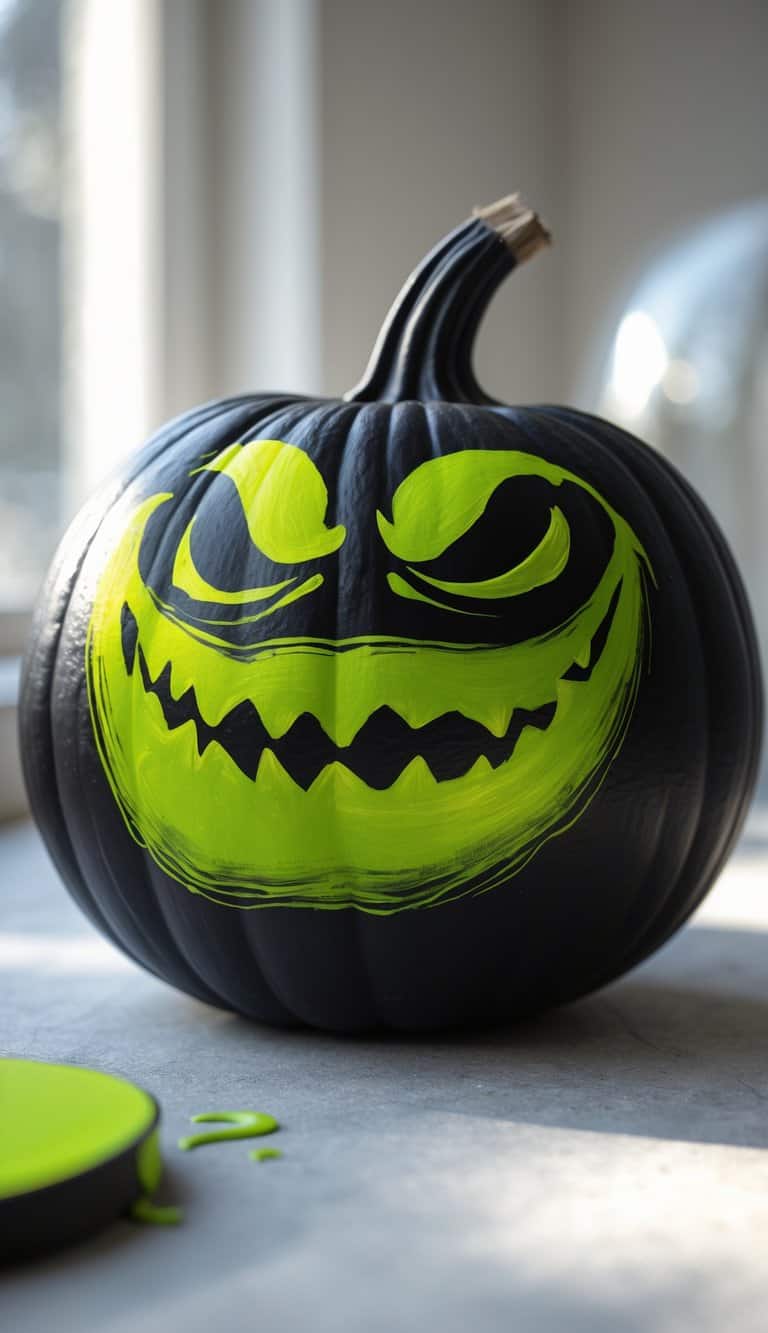 A black pumpkin with a neon green, menacing face painted on it, featuring sharp, jagged teeth and slanted eyes, sits on a light surface by a window in natural daylight.