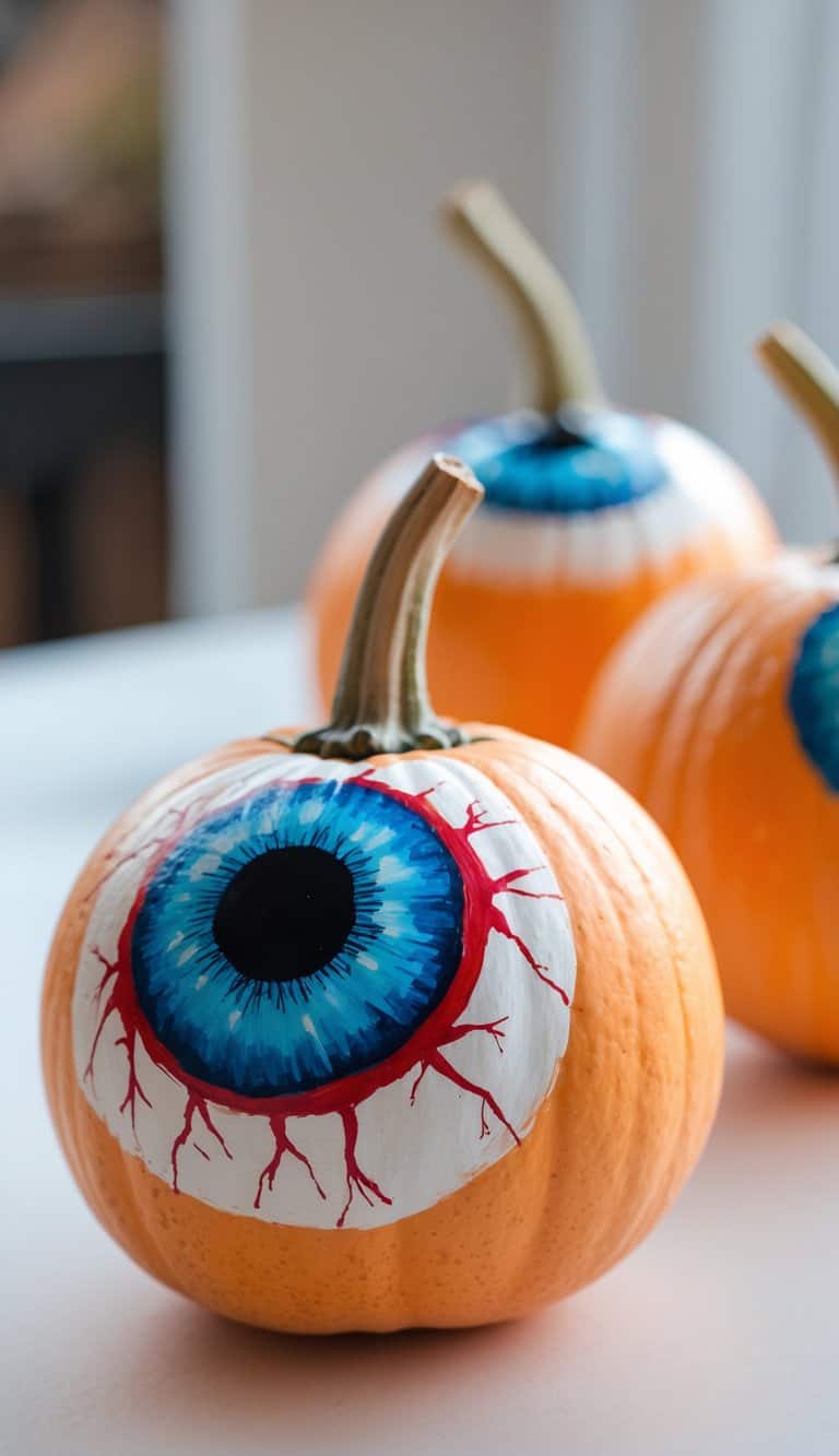 Three pumpkins are painted with large blue eyeballs, complete with red veins, turning each pumpkin into a realistic, spooky eye. They are arranged on a white surface with a soft, blurred background.