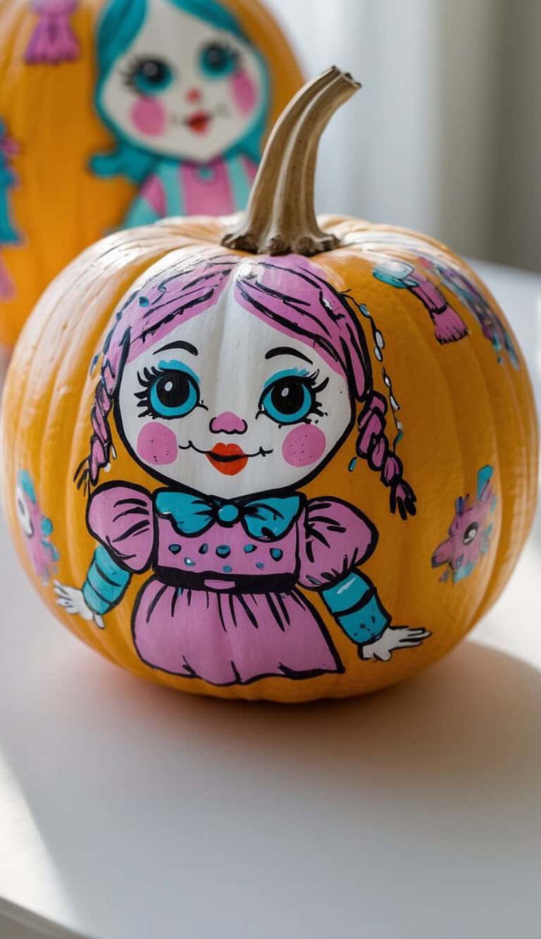 A pumpkin is painted with a cute doll-like face, large blue eyes, pink cheeks, and braided pink hair. The pumpkin also features a pink and blue dress with matching bows, and small painted butterflies around it.