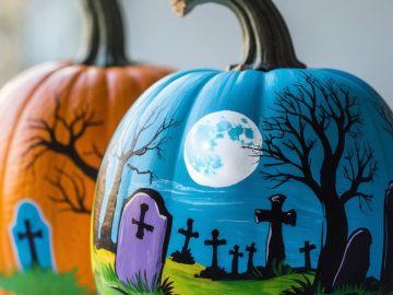 A pumpkin painted with a nighttime graveyard scene, featuring tombstones, bare trees, and a full moon, sits next to a traditional orange pumpkin with simple grave markers, on a white surface by a window.