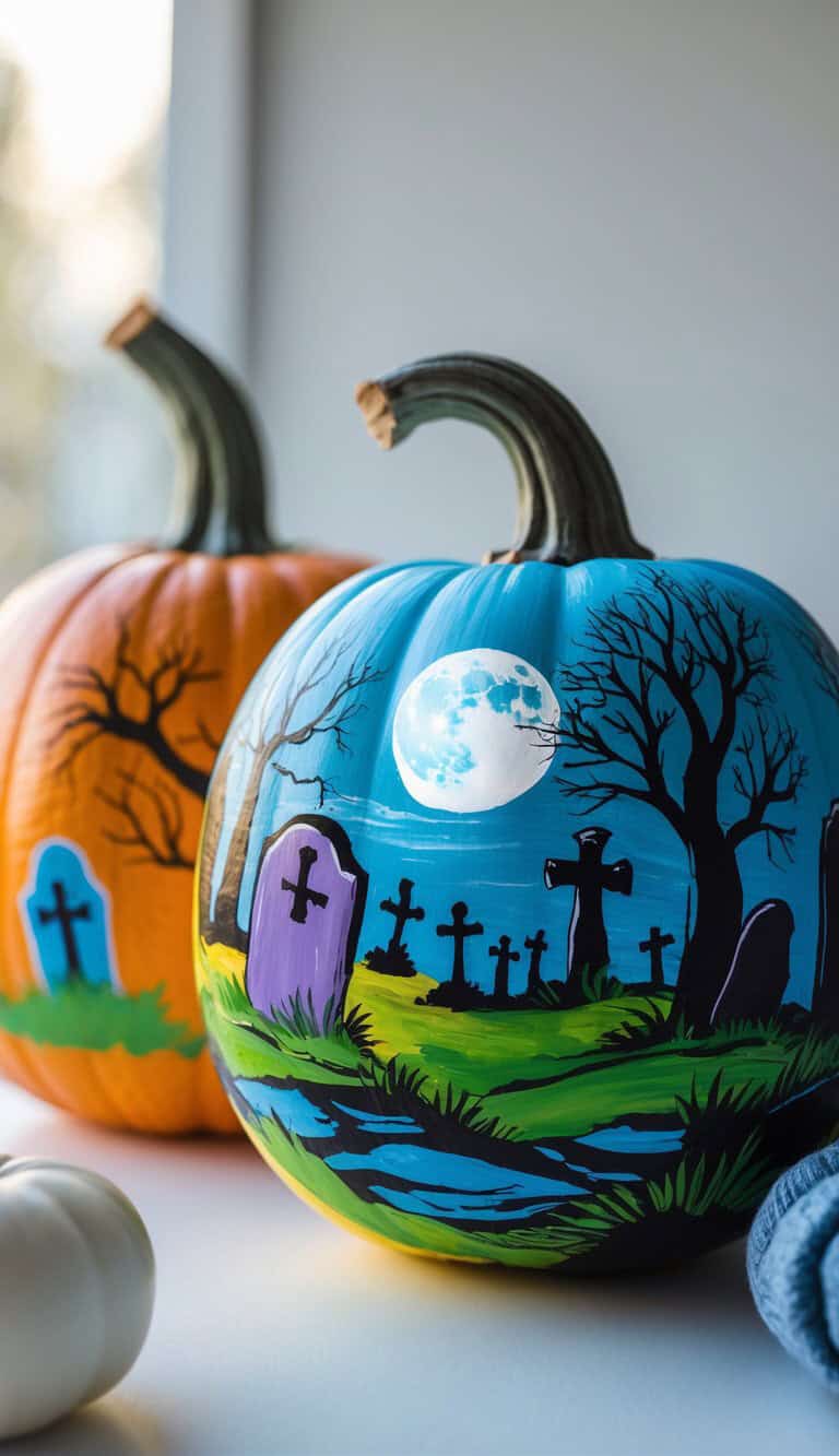 A pumpkin painted with a nighttime graveyard scene, featuring tombstones, bare trees, and a full moon, sits next to a traditional orange pumpkin with simple grave markers, on a white surface by a window.