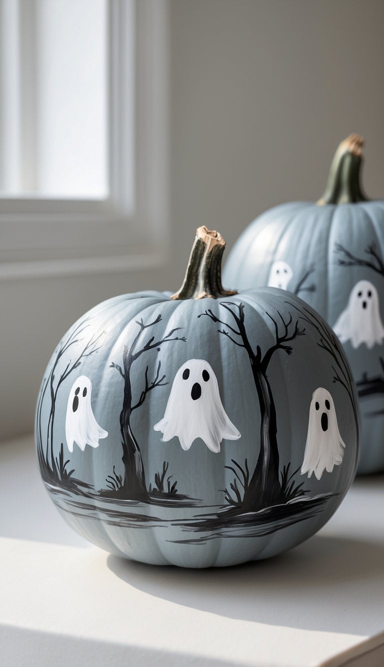 Two blue-gray pumpkins are painted with spooky scenes of white ghosts floating among bare black trees, set on a white surface near a window with sunlight streaming in.