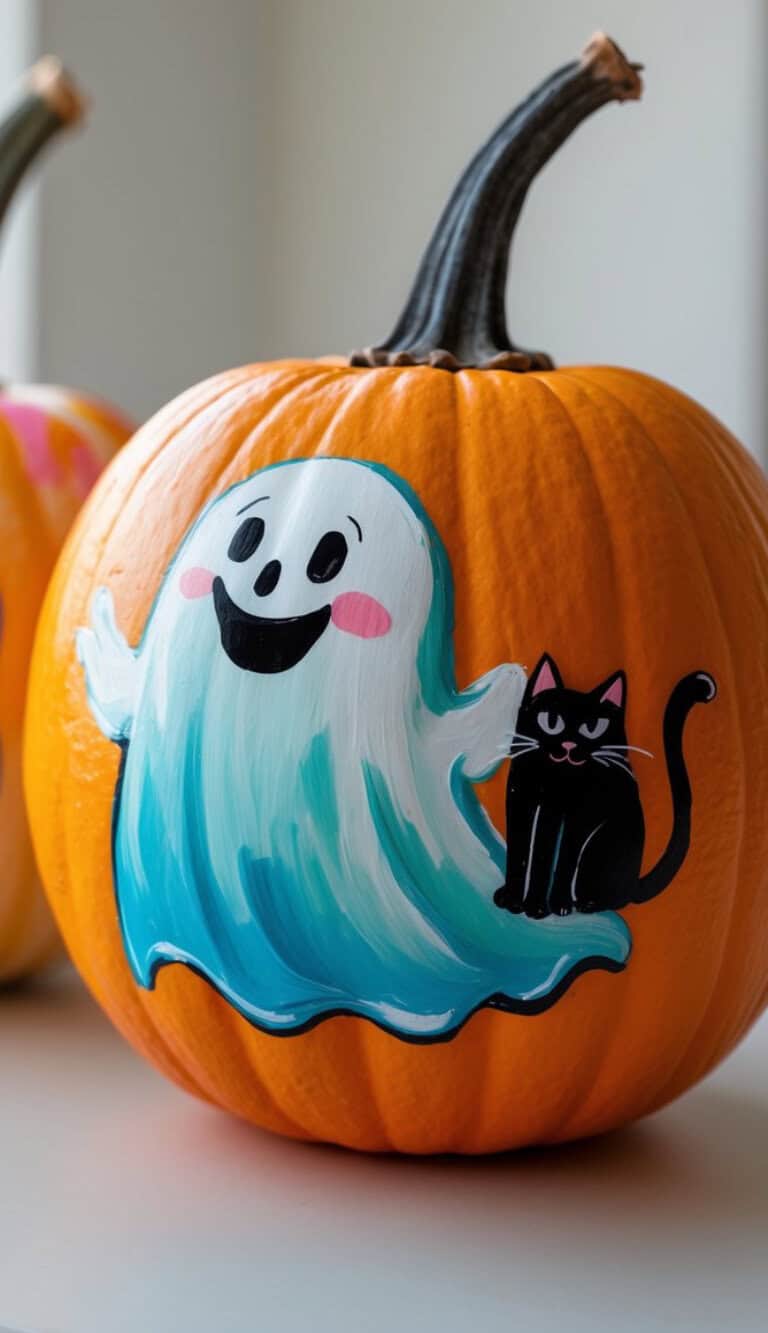 A pumpkin decorated with a cheerful, cartoon-style ghost and a black cat painted on its surface, both with friendly expressions. The background is softly lit, giving a cozy, festive feel.