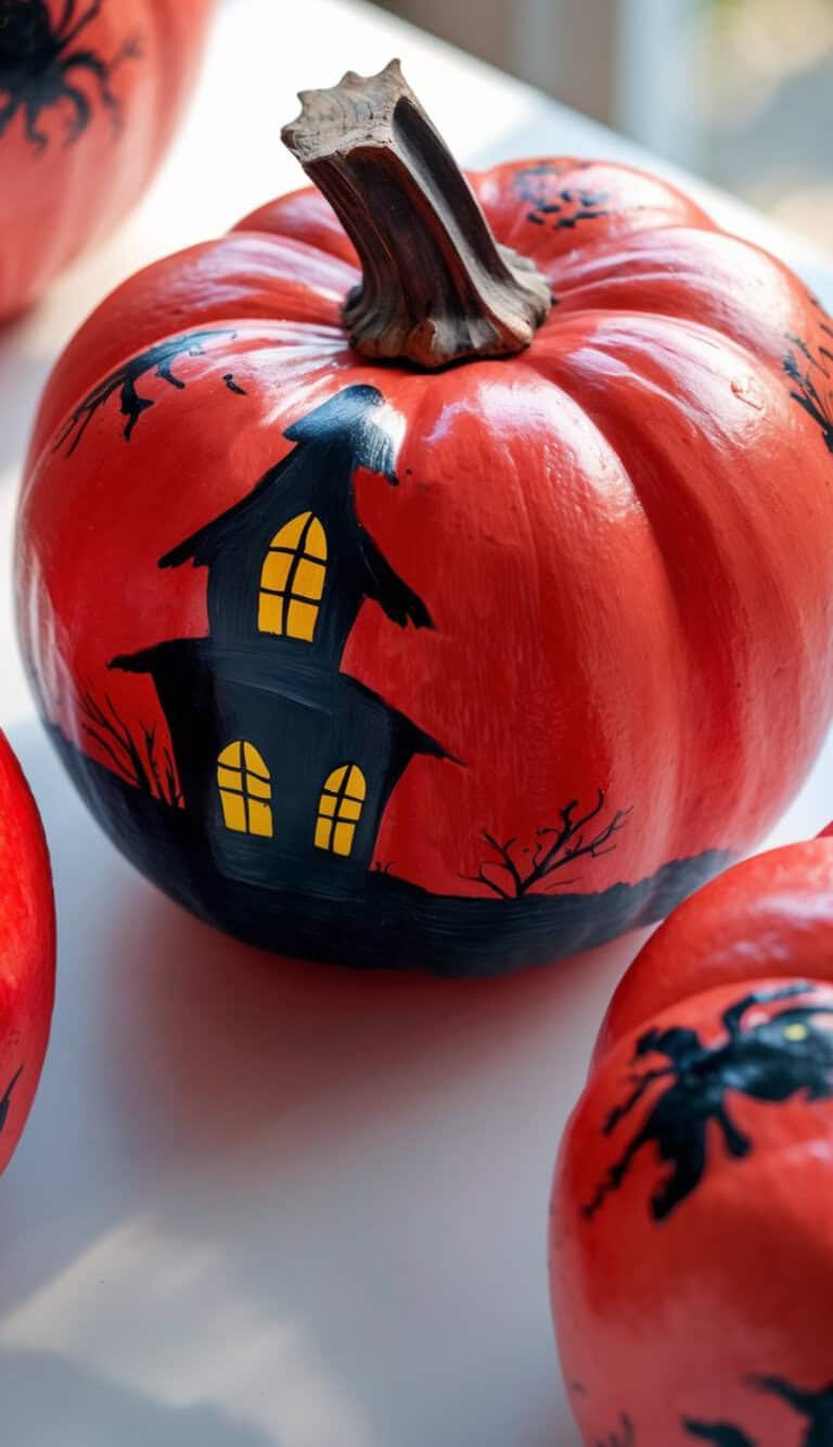 A pumpkin painted with a black haunted house and glowing yellow windows, surrounded by bare trees and branches; other red-painted pumpkins are nearby.