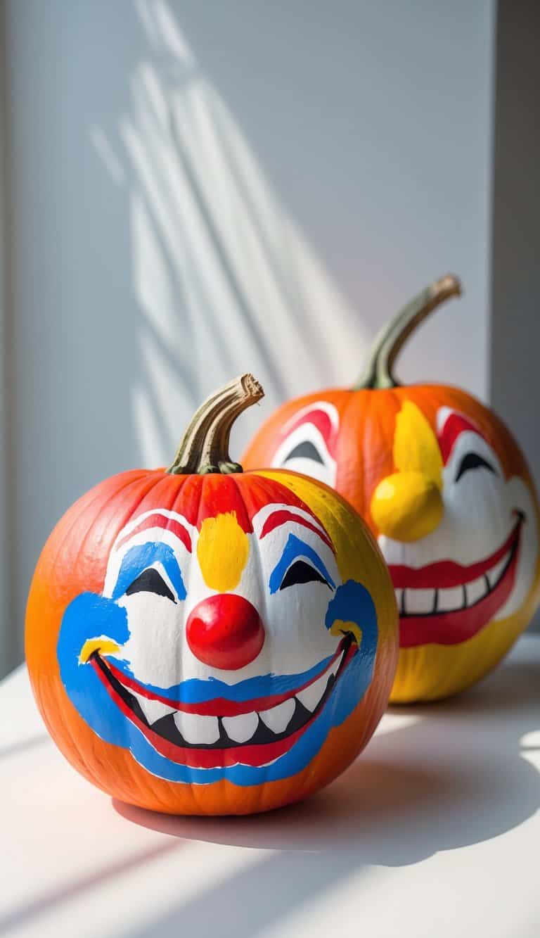 Two pumpkins are painted with colorful clown faces, featuring big smiles, red noses, and bright patterns. They are placed on a white surface with sunlight casting shadows nearby.