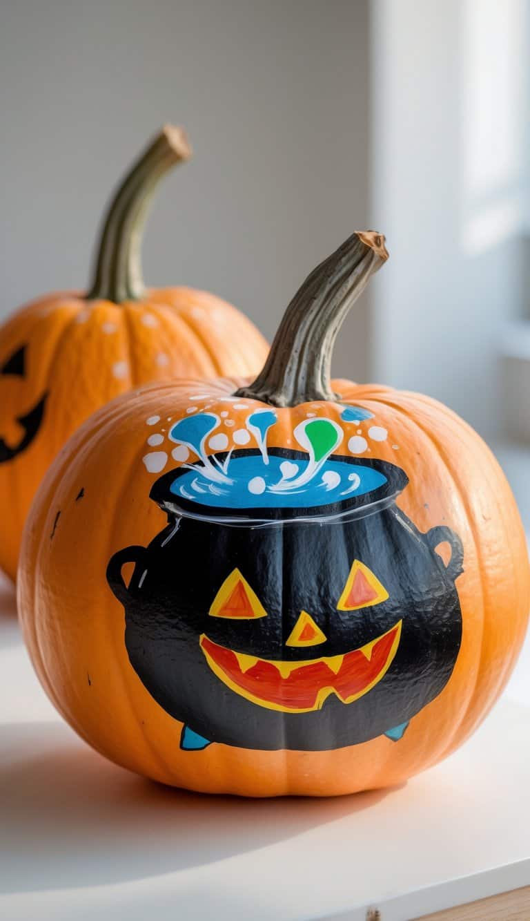 A pumpkin decorated with a painted black cauldron, colorful bubbling potion, and a jack-o’-lantern face, sitting on a white surface with another pumpkin in the blurred background.