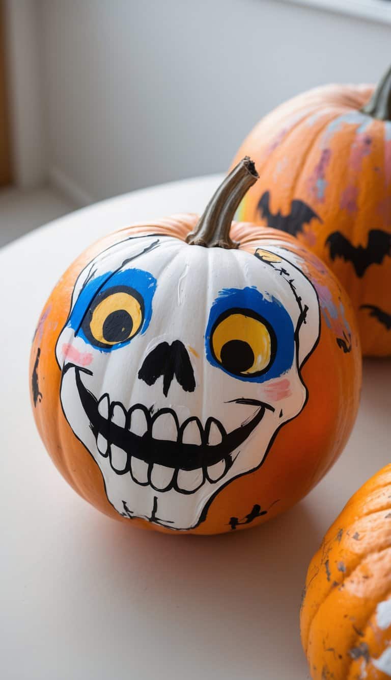 A pumpkin painted with a white skull face, big blue and yellow eye circles, a wide toothy grin, and pink cheeks. Another pumpkin decorated with black bats is partially visible in the background.