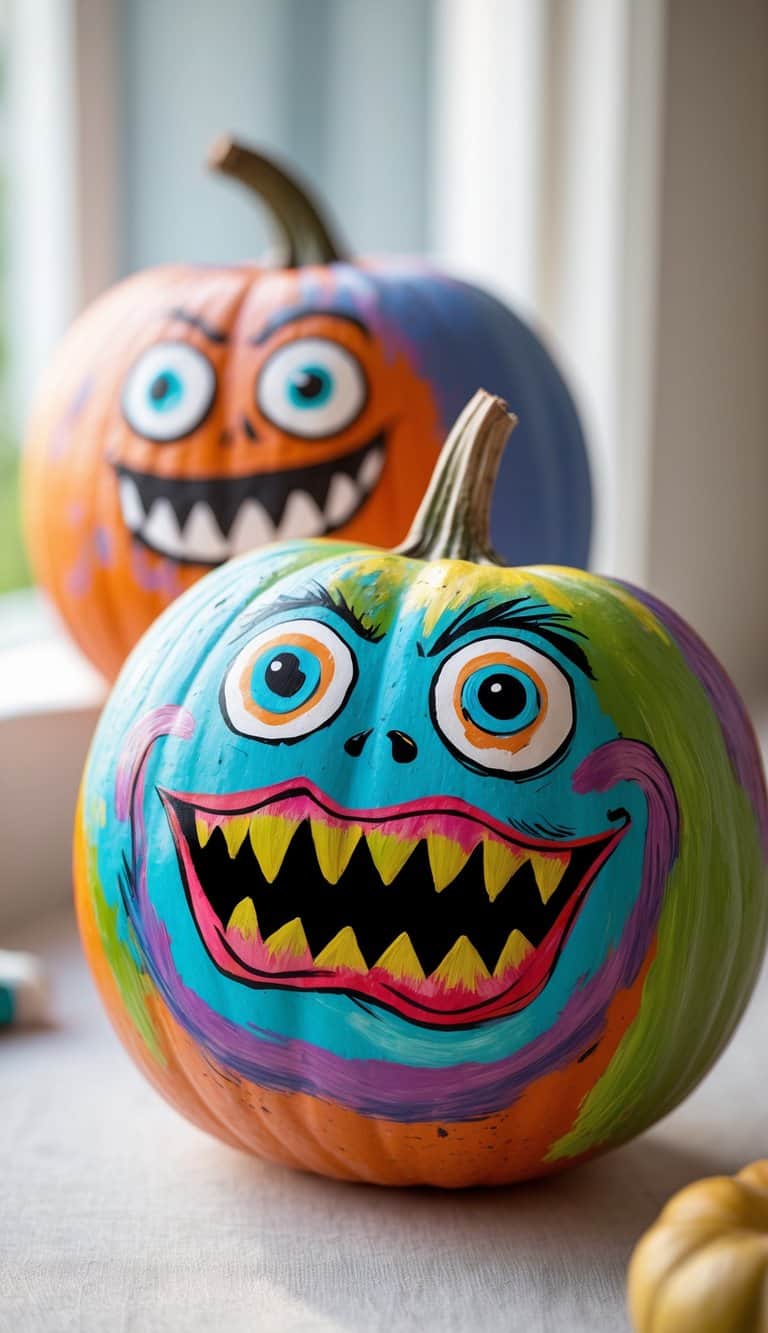 Two pumpkins are creatively painted with colorful, cartoonish monster faces featuring big eyes, wide mouths, and sharp teeth. The designs use bright blues, oranges, and greens. The pumpkins sit on a table by a window.