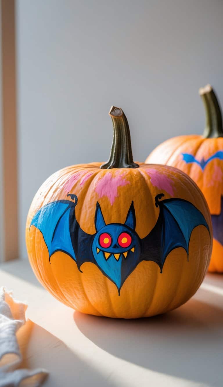 A pumpkin painted with a cartoonish blue and black bat with red eyes and sharp yellow teeth, sitting on a sunlit surface with another decorated pumpkin in the background.