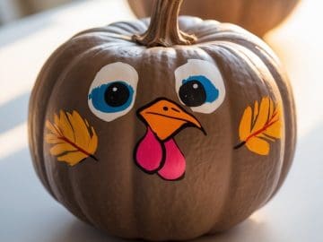 Two pumpkins painted with cartoon turkey faces, featuring big blue eyes, yellow beaks, and colorful feathers, are displayed on a white surface in bright natural light.