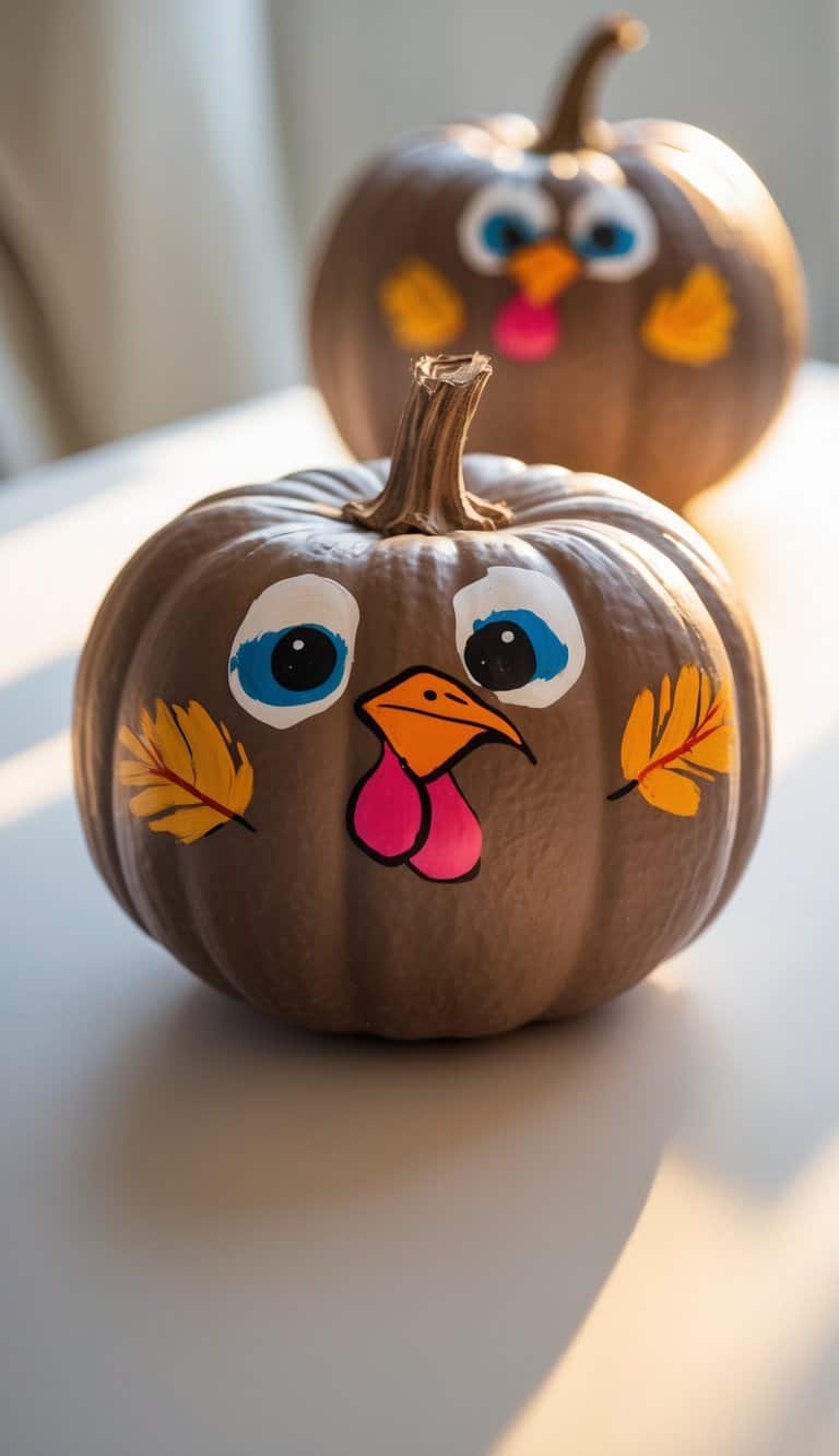 Two pumpkins painted with cartoon turkey faces, featuring big blue eyes, yellow beaks, and colorful feathers, are displayed on a white surface in bright natural light.
