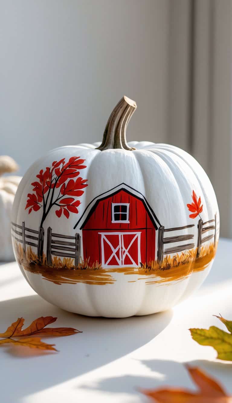 A white pumpkin is painted with a red barn, a wooden fence, and autumn trees with orange leaves. Fallen leaves are scattered around the pumpkin, evoking a cozy fall farm scene.