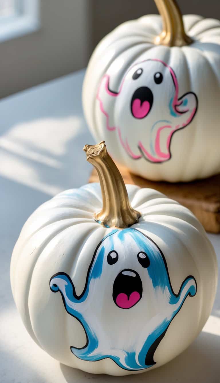 One to two white painted pumpkins with colorful ghost designs on a clean tabletop under soft daylight.
