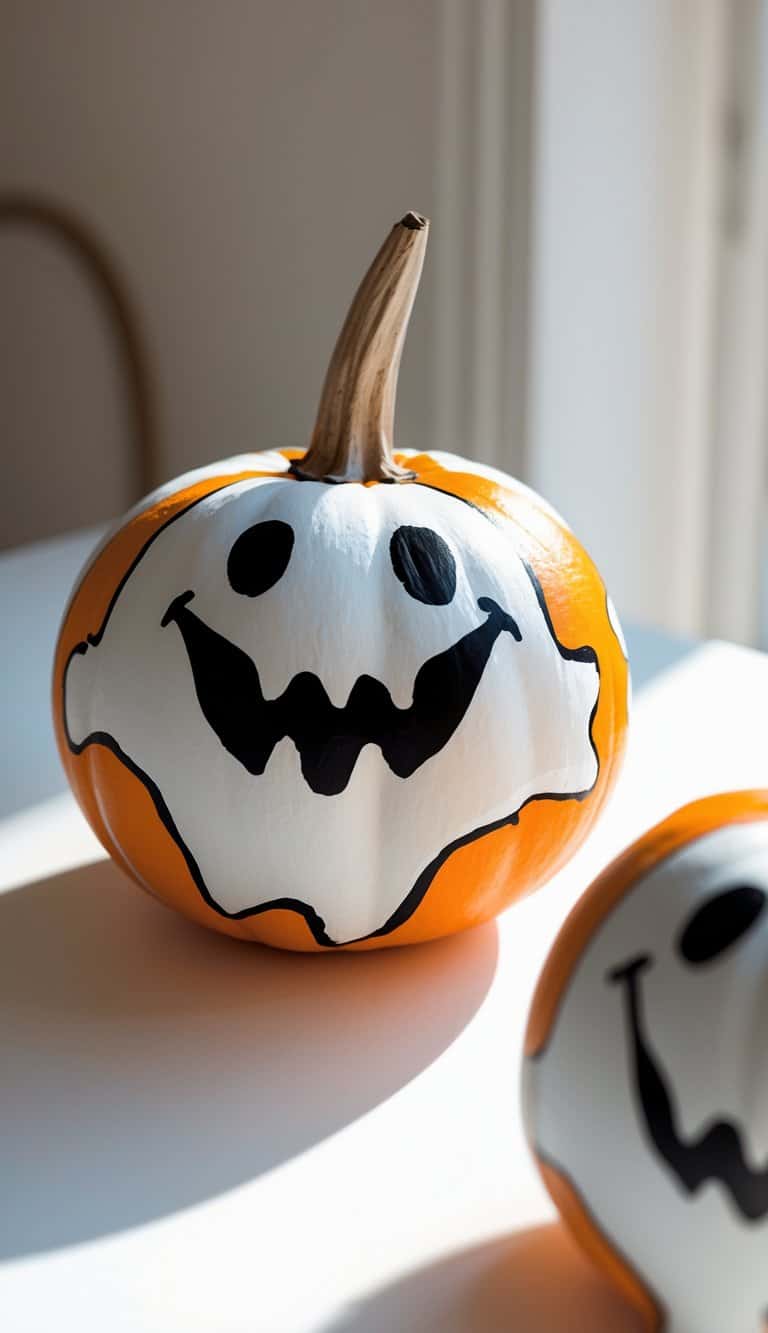 One or two pumpkins painted with ghost faces outlined in black paint, displayed on a clean tabletop.