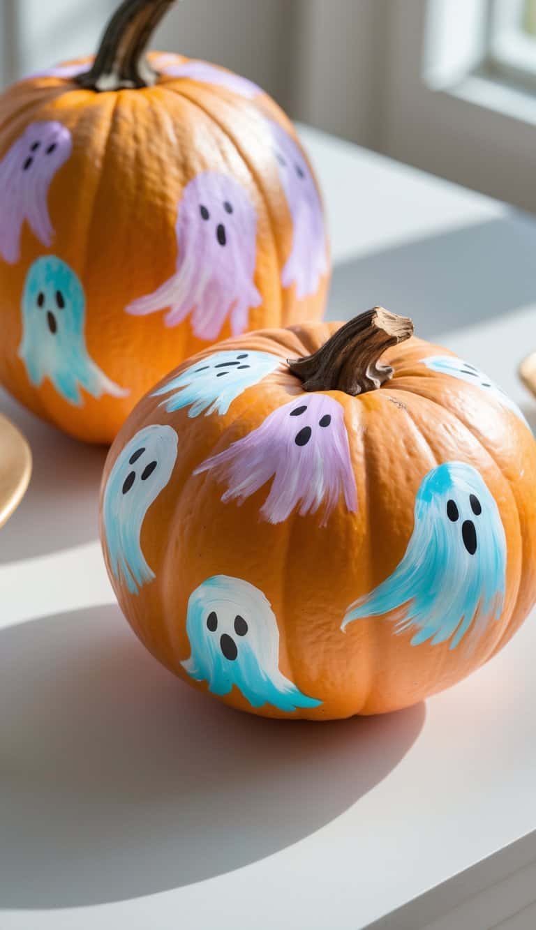 One to two pumpkins painted with colorful ghost designs sitting on a clean tabletop under soft daylight.