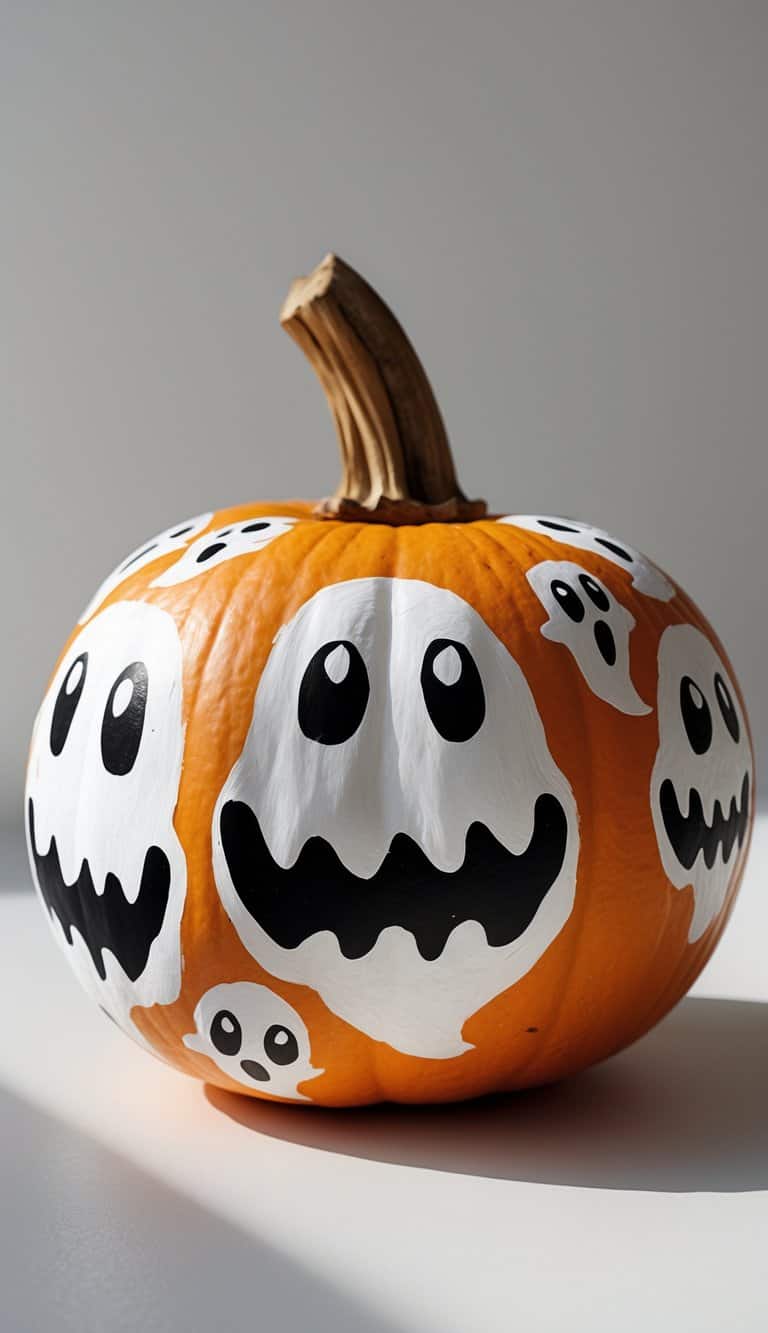 A close-up photo of a pumpkin painted with multiple colorful ghost faces showing different expressions, sitting on a simple tabletop.