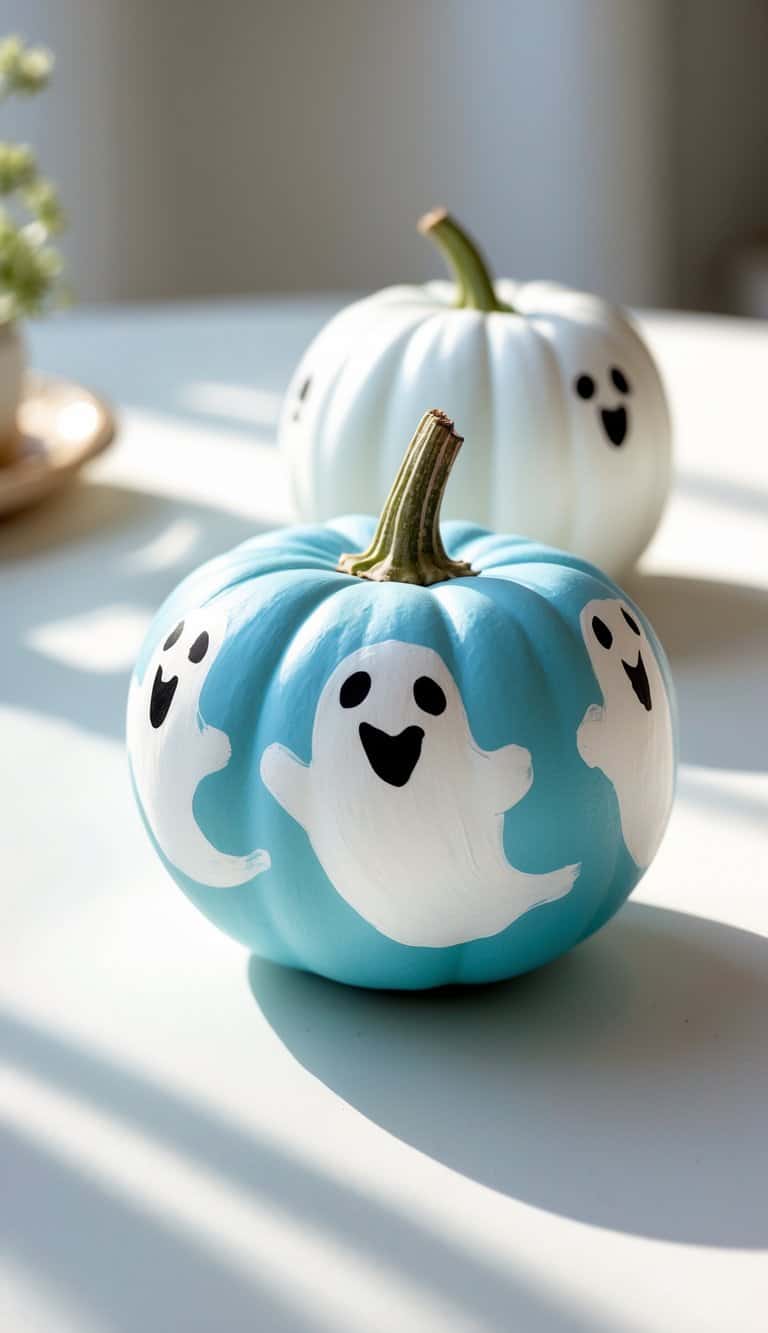 Close-up of one to two small pumpkins painted white and pale blue with ghost designs on a tabletop.