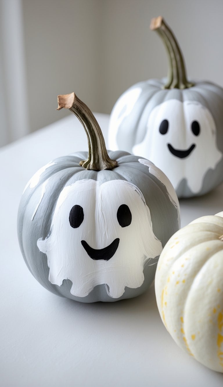 Close-up of one to two pumpkins painted with white and gray ghost designs on a clean tabletop.