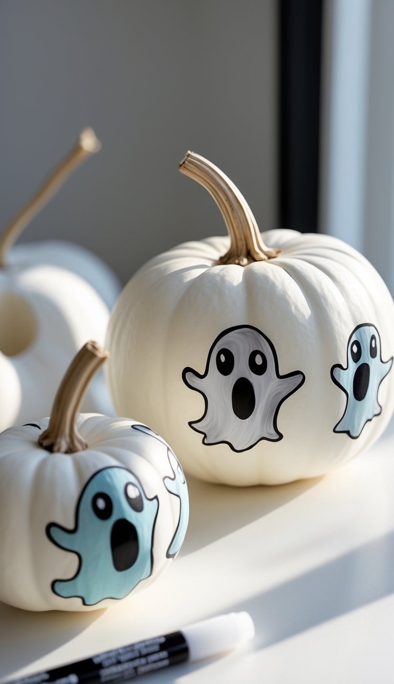 Close-up of one or two white pumpkins on a table, decorated with small ghost faces drawn in black marker.