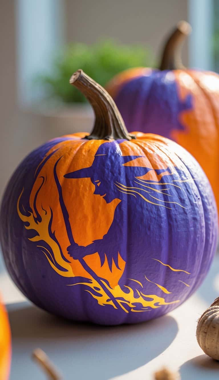 Close-up of one or two brightly painted pumpkins with a witch silhouette design on a clean tabletop.