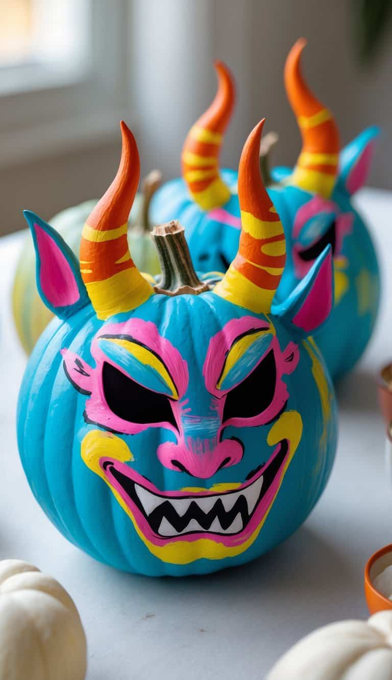 Close-up of one or two pumpkins painted with colorful horned demon masks on a clean tabletop.
