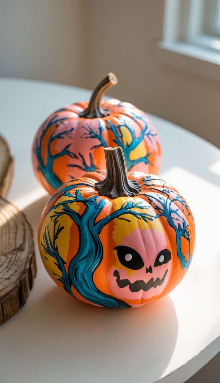 One to two painted pumpkins on a table, decorated with colorful designs resembling haunted tree branches.